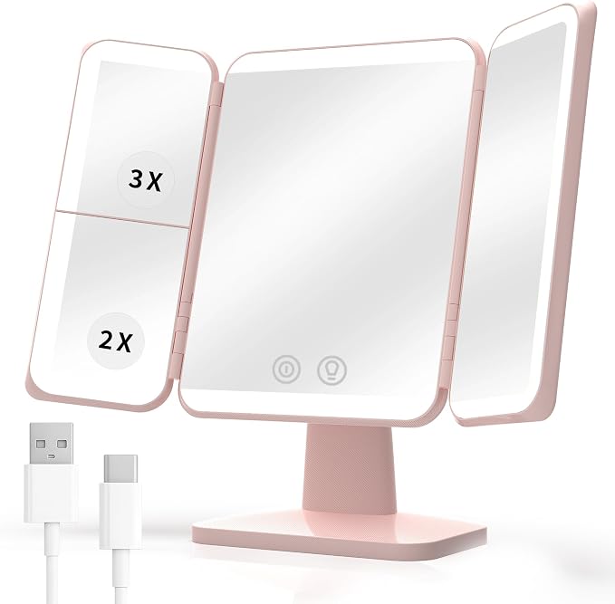 SIMETRA 15.6'' Rechargeable Makeup Mirror with Lights, 156 LED Magnification Vanity Mirror with 3 Colors Lights, 3000mAh Lighted Mirror, Touch Control Trifold Mirror for Women Travel Desk