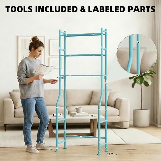 GloTika 3-Tier Over Toilet Storage, Anti-Tilt, 64" H, Blue | Anti-Tilt Safety System, 150lb Capacity, Carbon Steel, Freestanding, No Drilling, Anti-Rust Coating, Paper Holder & 4 Hooks