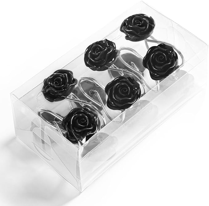 Cute Rose Floral Shower Curtain Hooks Rings for Bathroom,Black 12PCS | Metal Rustproof Curtain Hooks Shower Rings,Girls Decorative Flower Bathroom Decor,for Bathroom Shower Rods