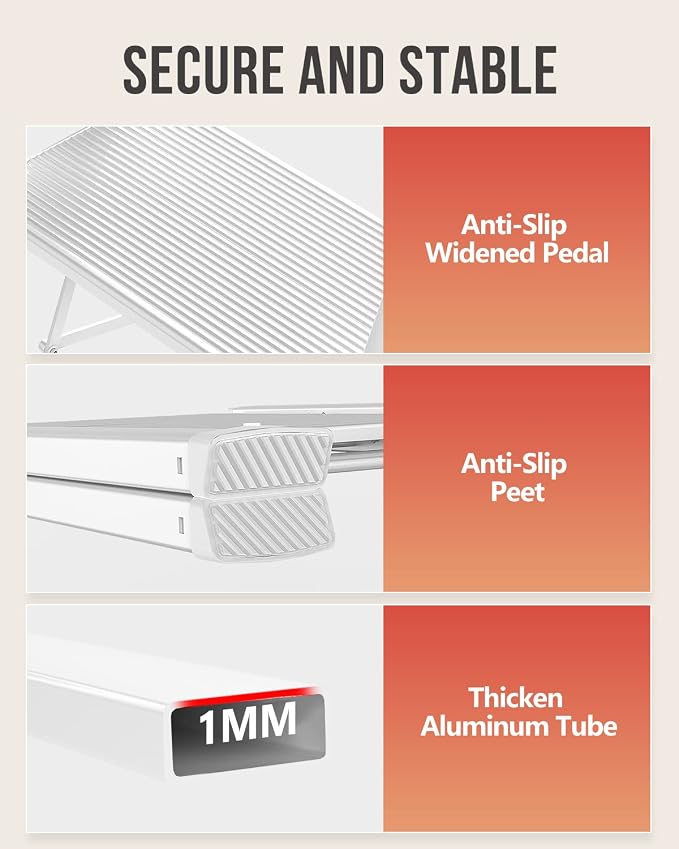 3 Step Foldable Step Stool, 300lbs Load, White | Folded 35''H x 2''T; Net 8 lbs; Non-Slip Feet: Wood/Tile/Carpet; Rigid Aluminum Steps; No Assembly; Ready From Box.