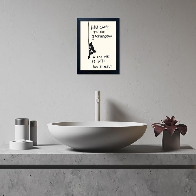 Framed Black and White Bathroom Wall Decor Welcome to the Bathroom Wall Art A cat Will be With You Shortly Funny Cat Lover Canvas Print Poster Modern Home Decor