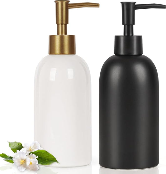 14OZ Hand and Dish Soap Dispenser Set for Bathroom & Kitchen (White+Black) | Ceramic, Pump Dispenser Bottle, Refillable Hand Soap, Dish Soap, Liquid and Lotion, for Kitchen Sink, Bath, Bedroom