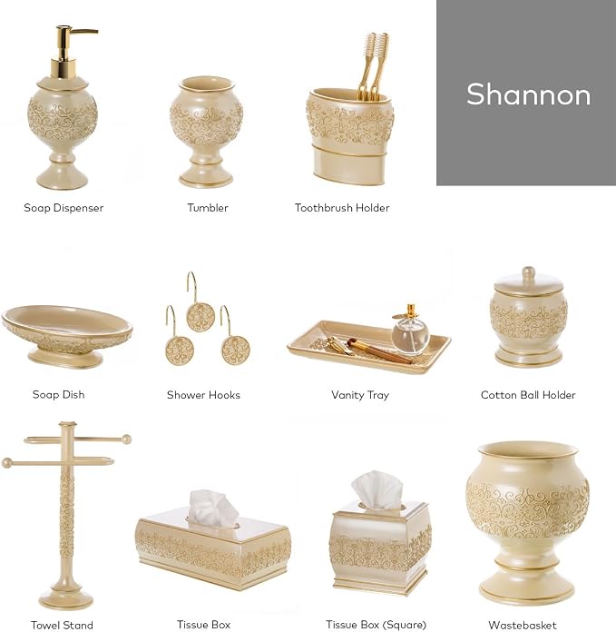Shannon Beige with Gold 4 Piece Resin Bathroom Accessories Set | Includes Soap Dispenser, Toothbrush Holder, Tumbler Cup & Soap Dish
