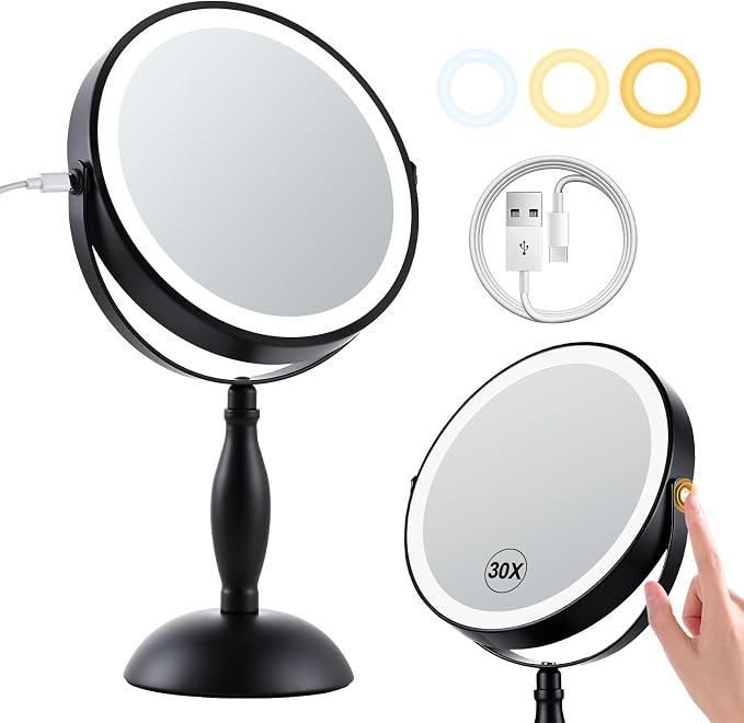 30X Magnifying Mirror with Lights-Matte Black 8" Dual Sided | (1X/30X) Lighted Makeup Mirror, 360° Swivel, 5000mAh Rechargeable Side Touch & Side Charging, 3 Colors & Dimmable Brightness