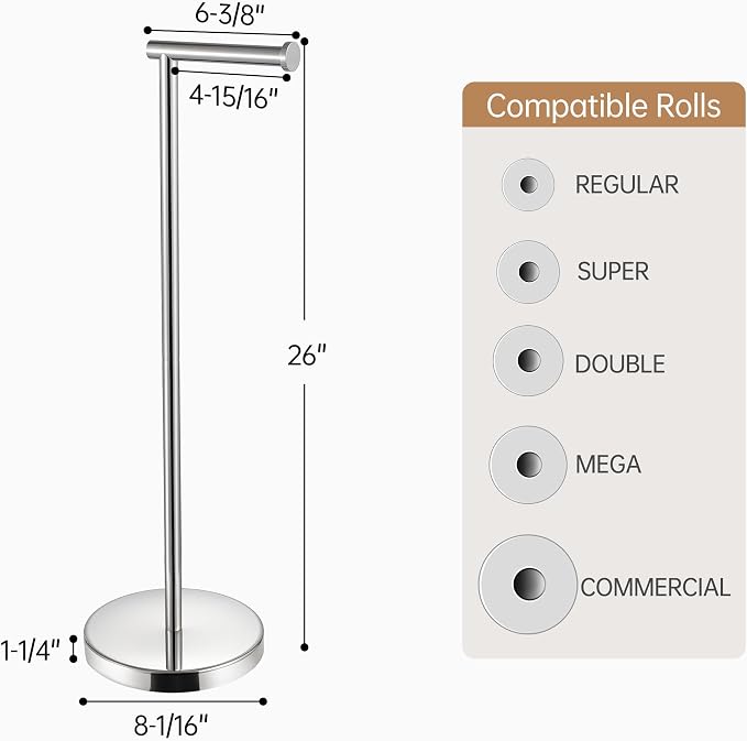 KES Toilet Paper Holder Stand, 26" H, Polished, T304 Stainless Steel | Cement-weighted base, anti-slip pad prevents scratches, universal roll compatibility, 1-min assembly, no drilling.