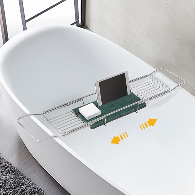 Stainless Steel Bathtub Tray, Expandable Marble Bath Tray for Tub, 44.09 lbs Capacity Bath Caddy for Bathtub Bathroom Accessories for Home Spa (Silver + Green)