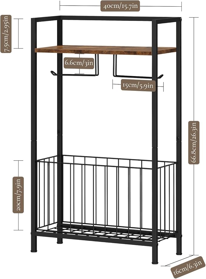 Freestanding Toilet Paper Holder with Storage, Rustic Brown | Toilet Paper Holder Stand with Wooden Shelf for Bathroom Storage, Dual Toilet Paper Roll Stand for Extra Rolls & Magazines
