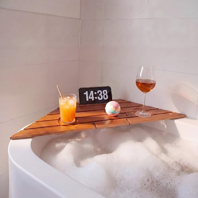 Corner Bathtub Tray Bamboo Non Slip Bathtub Corner Tray Caddy Farmhouse Bamboo Shelf for New Home House Warming Birthday Wedding Gifts for Couple Bridal Shower Gift for Women