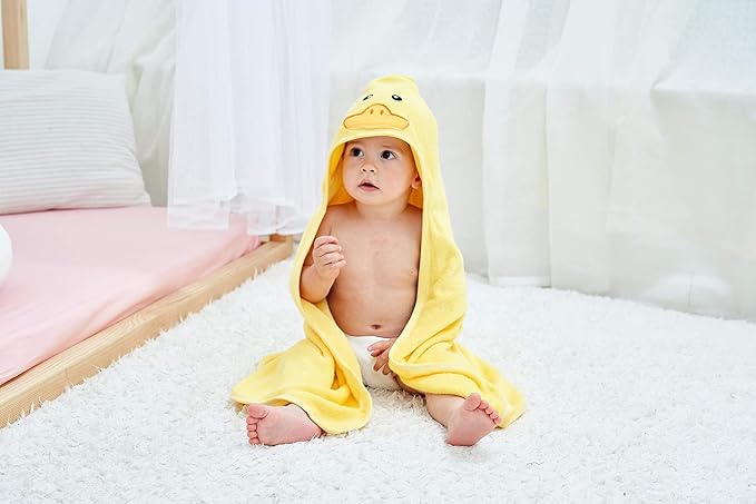 HIPHOP PANDA Ultra Soft Hooded Baby Towel - 2-Layer Thick 500GSM Absorbent | Rayon Made from Bamboo, Hooded Bath Towel for Newborn, Infant, Toddler, Baby Registry - Yellow Duck, 37.5x37.5 In