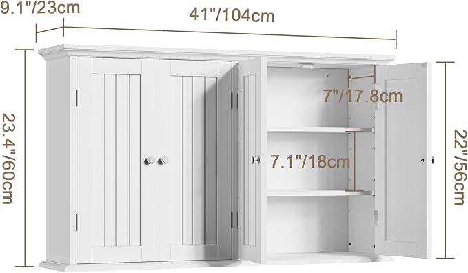 ChooChoo Laundry Cabinet with 4 Doors and Adjustable Shelves | 9.06"D x 40.9"W x 24"H, Bathroom Wall Cabinet, Cupboard, White