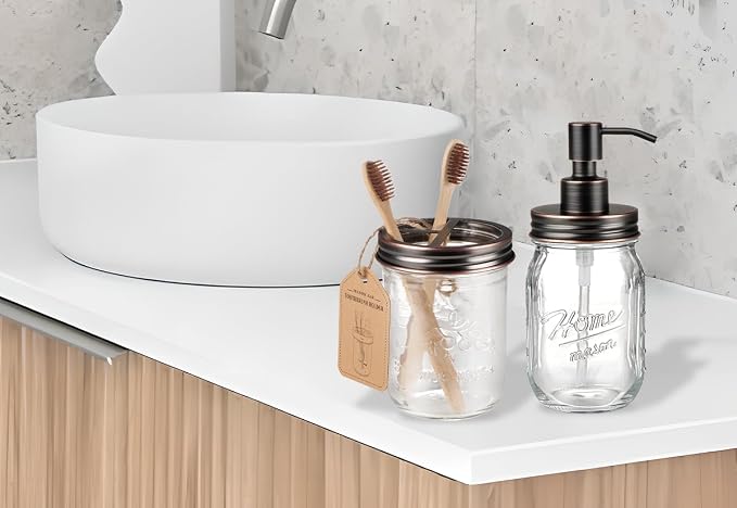 SheeChung Mason Jar Toothbrush Holders, Farmhouse Toothpaste Organizer, 1Pc | Oil Rubbed Bronze Glass Electric Tooth Brush Holder, Bathroom Countertop, Removable Stainless Steel Lid, Rustic Vintage Decor