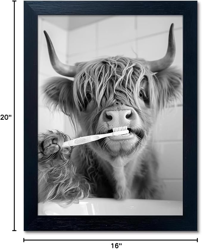 Highland Cow Framed Black and White Wall Art, Funny Cow Pictures in Toilet, Animal Canvas Print for Bathroom Decor