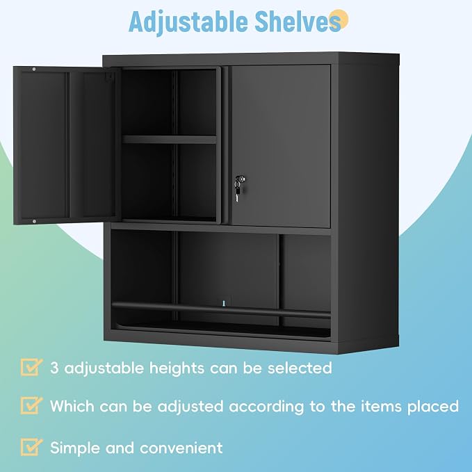 Garage Storage Cabinets,Metal Wall Cabinet with Doors and Shelves,Locking Storage Cabinet for Workshop,Warehouse,Home Office,Black