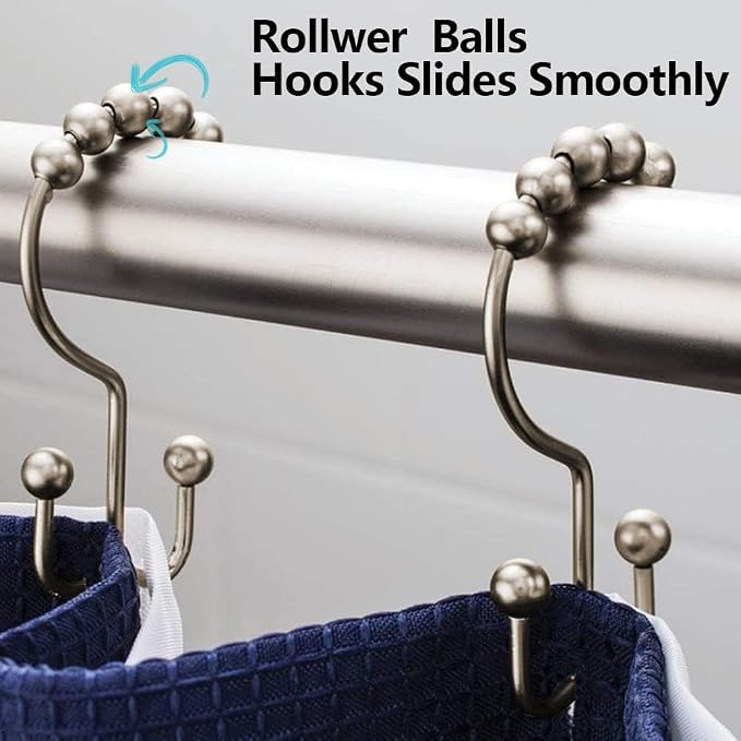 DAWNER Shower Curtain Hooks, Rust Proof Metal Easy Glide Double Rings, Stainless Steel Hangers for Bathroom Curtains, Set of 12, Brushed Nickel