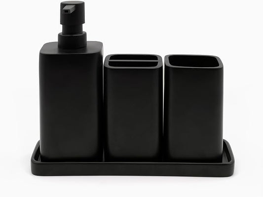 Bathroom Accessory Sets, 4 Pieces Bathroom Accessories Complete Set Vanity Countertop Accessory Set, Includes Lotion Dispenser Soap Pump, Tumbler, Toothbrush Holder and Tray (Matte Black)