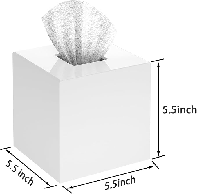 SILUT Shiny White Square Acrylic Tissue Box Cover | Stylish Modern Facial Tissue Dispenser Holder for Bathroom Vanity, Bedroom & Office, Magnetic Bottom & Non-Slip Base