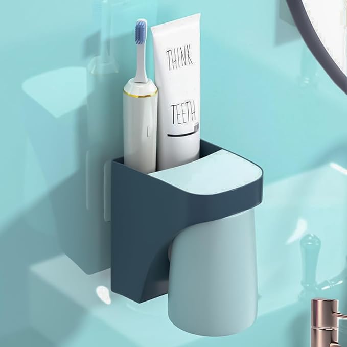 Blue Magnetic Cup Holder for Bathroom, sgzscl Toothbrush Wall Mounted Toothpaste Storage Drain Drill-Free Space Saving Organizer for Family Members