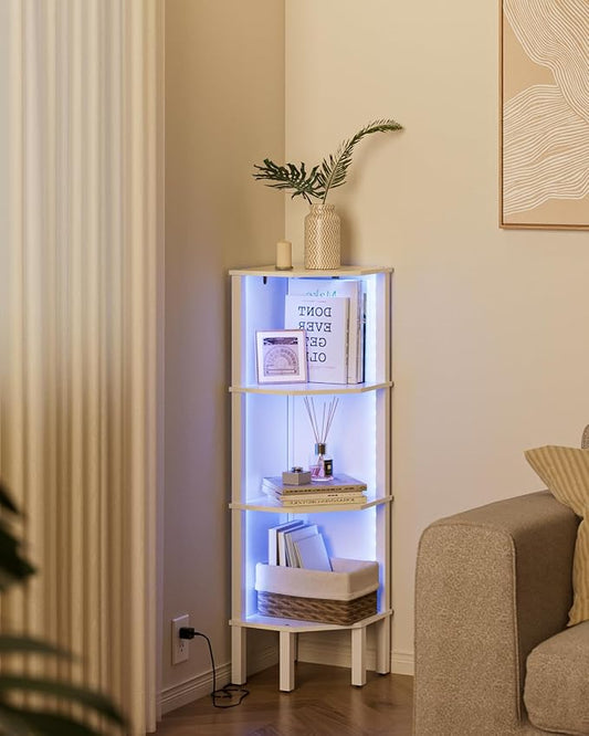 Corner Shelf Stand Corner Bookshelf with Light, 4-Tier Wall DisplayCorner with Storage Rack for Living Room,Bedroom,Office, White