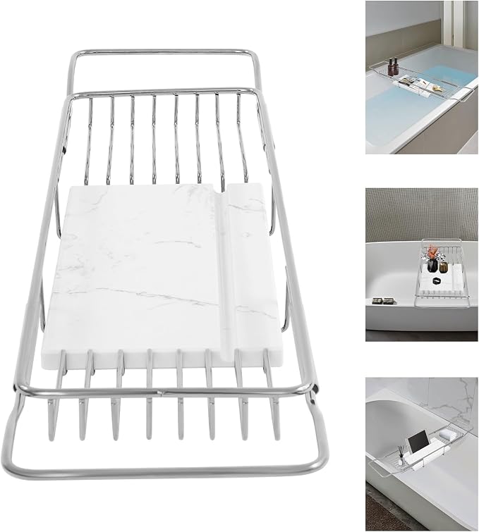 Expandable Bathtub Tray – 26.77" to 35.43" Adjustable Bathtub Caddy | with Natural Marble Board, Raised Guardrails, Tablet/Phone Stand – Home Spa Accessory for Bath, Holds 44 lbs (Silver+White)