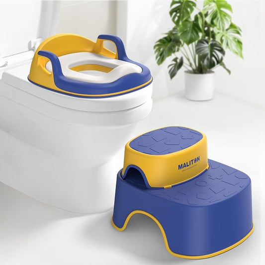 Maliton Potty Training Toilet Seat & Step Stool, 2-in-1 Anti-Slip Blue | Potty Seat + Separate Step Stool, Adjustable Fits More Toilets, Anti-Slip, Sturdy, Splash Guard, Easy clean，Boys & Girls.