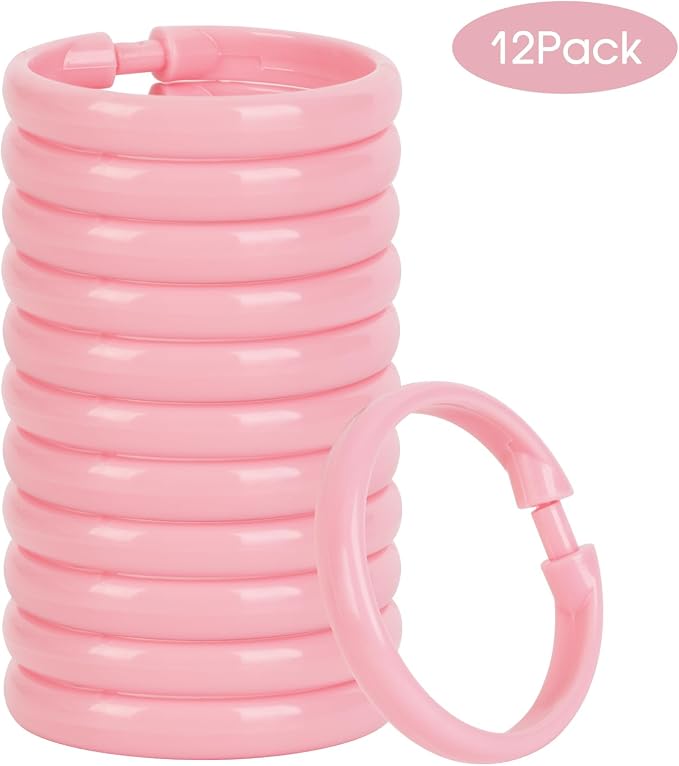 Pink Shower Curtain Hooks - 12 Pcs Circular Plastic Shower Curtain Rings for Bathroom - O Shaped Light Pink Shower Hooks Rings for Shower Curtain Rod