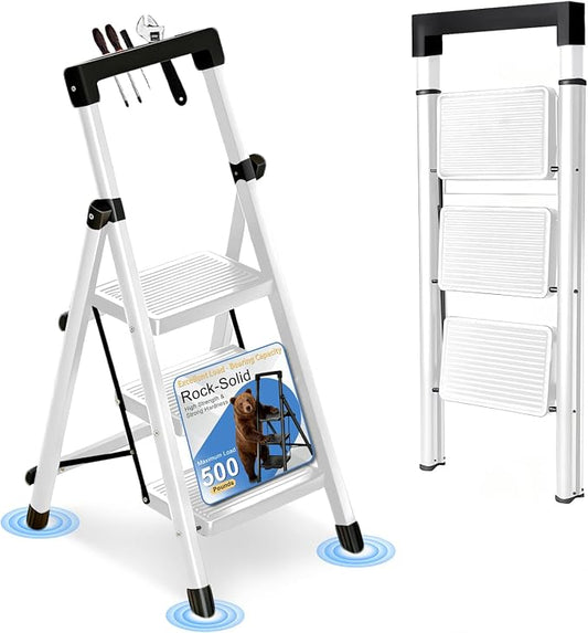 3 Step Ladder with Handrail Folding Step Stool with Tool Tray | 500LBS Capacity Sturdy Carbon Steel Frame Anti-Slip Stripe Pedal for Home Kitchen Garage (white-3step)