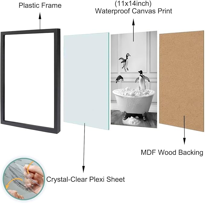 Framed Bathroom Decor Wall Art, Black and White Bathroom Decor, Funny Wall Decoration Animal Penguin in Bathtub, Cute Animal Wall Art for Kid's Room (Framed,11''x14'')