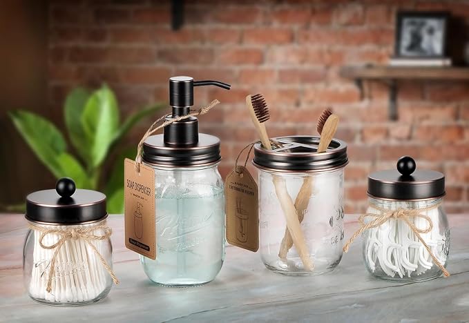 SheeChung Mason Jar Toothbrush Holders, Farmhouse Toothpaste Organizer, 1Pc | Oil Rubbed Bronze Glass Electric Tooth Brush Holder, Bathroom Countertop, Removable Stainless Steel Lid, Rustic Vintage Decor
