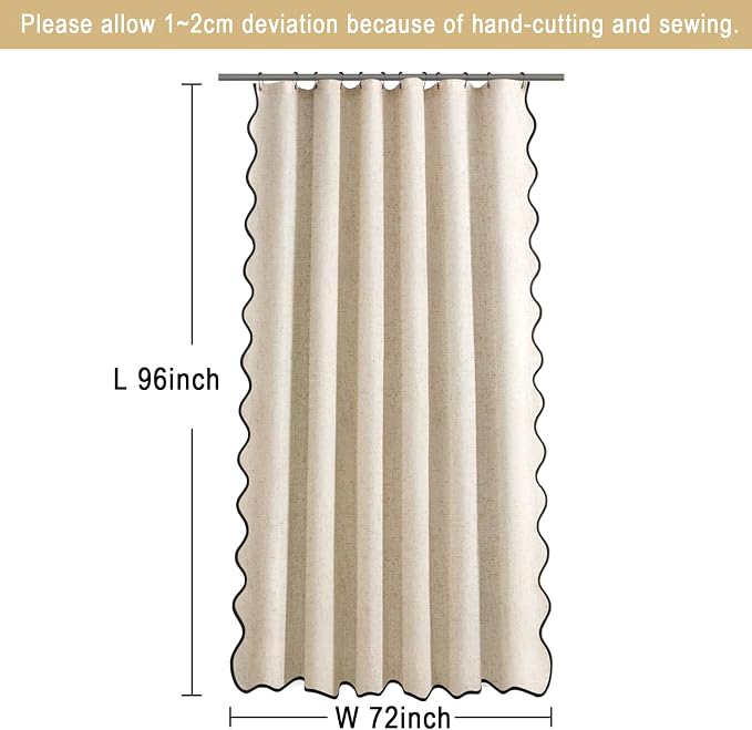 Scalloped Shower Curtain Linen Boho Beige 72" W x 96" L | Linen Fabric, Black Border, Washable, Heavy Duty Cloth, Shower Curtain for Boho Farmhouse Bathroom Bathtub