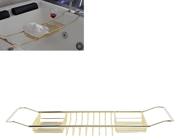 POCREATION Stainless Steel Expandable Bathtub Caddy, 25-38.4 in, 3 PCS | Adjustable length fits most tubs, gold finish tub tray for bathroom soaking shower