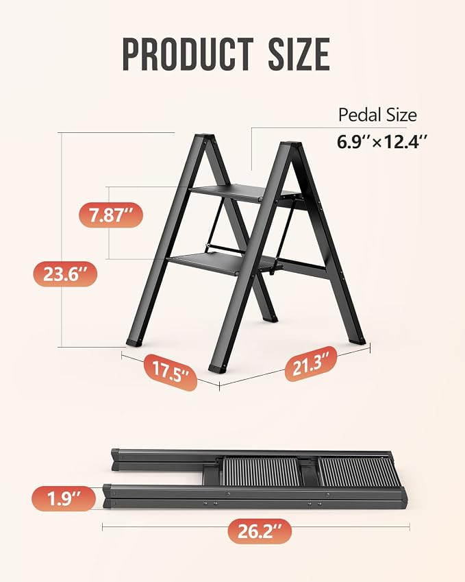 2 Step Foldable Step Stool, 300lbs Load, Black | Folded 27''H x 2''T; Net 6.6 lbs; Non-Slip Feet: Wood/Tile/Carpet; Rigid Aluminum Steps; No Assembly; Ready From Box.