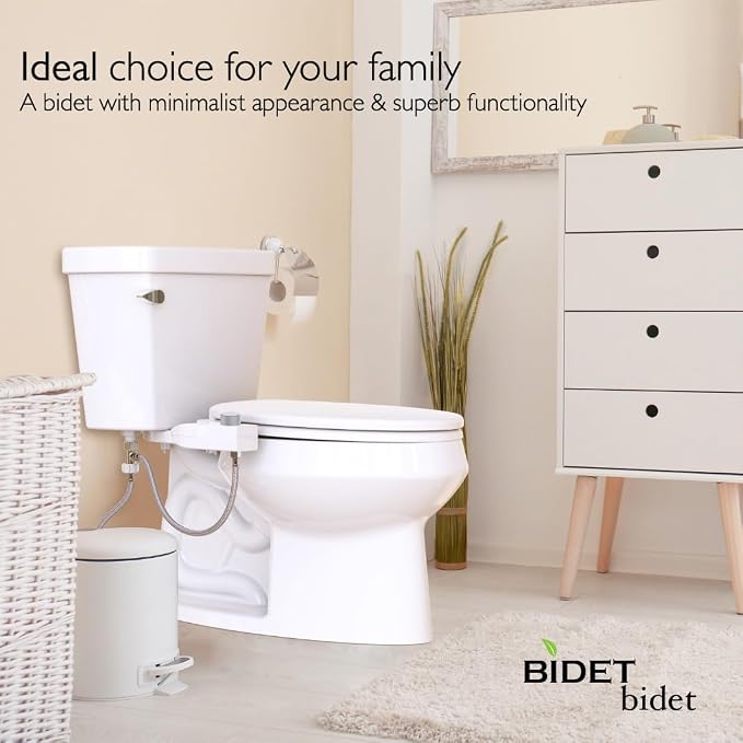 BIDETbidet Left/Right Reversible FRESH WATER Ultra-Slim Bidet Attachment, Switchable Left/Right Control with Dual Nozzles, Hinged Design, Non-Electric, Easy Install, Fits Most Toilets, Off-White