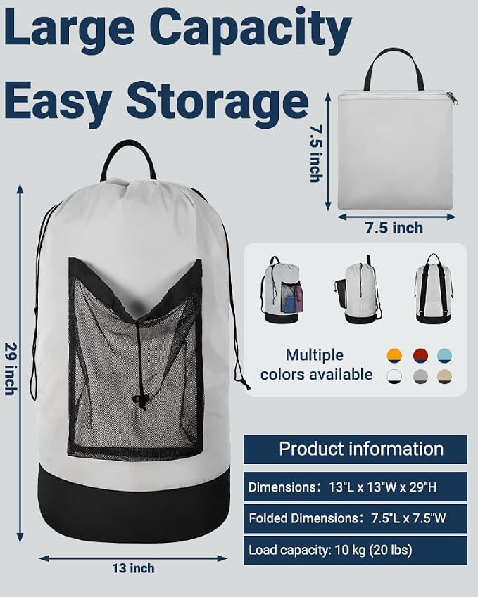 Laundry Bag with Shoulder Straps and Mesh Pocket Laundry Backpack Large Portable Laundry Hamper for College Laundromat Apartment