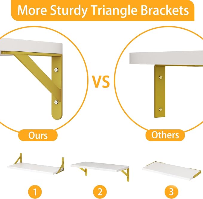 YGEOMER 4 Different Sizes Floating Shelves for Wall Decor, White and Gold | Rustic wood shelves in mixed sizes for flexible combined storage. Fits bathroom, kitchen, living room, bedroom and office.