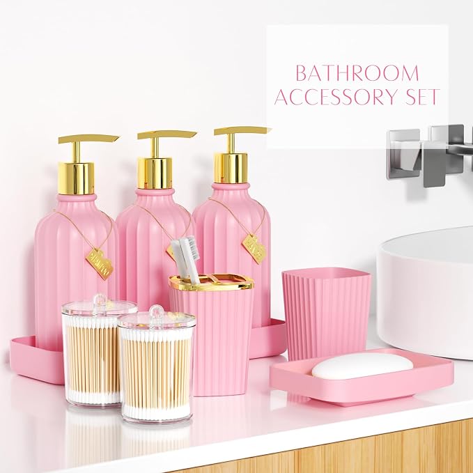 21PCS Bathroom Sets with Shower Curtain and Rugs Bathroom Accessories Set Pink Bathroom Set Complete with Trash Can, Toilet Brush, Qtip Holder & 3PCS Soap Dispenser