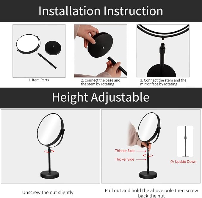 Nicesail Taller Tabletop Makeup Mirror, 8 Inch 5X Magnified, Matte Black | Higher, Countertop Standing, 15in-19in Height Adjustable, Double Sided Mirror, 5X Magnifying Desk Vanity Make up Table Mirror