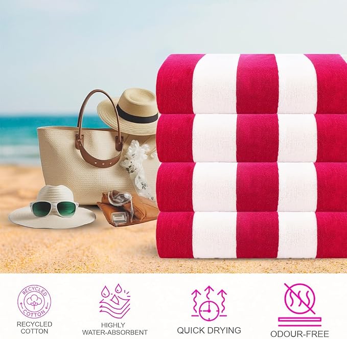 CASA COPENHAGEN Cabana Towel 4Pcs Pink Designer Stripe Beach Towels Gift Set, 30"x60" Oversized 100% Cotton Pool Bath Towel for Beach Gift Set (Perfect Summer Gift Set for Women & Men)
