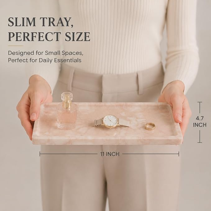 Pink Marble Tray for Vanity, Slim Natural Stone Decorative Tray for Bathroom, Perfume Organizer, Jewelry Dish, Kitchen & Entryway Countertop Decor, Small Rectangle Tray