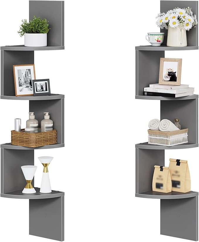 HOOBRO Corner Shelf Wall-Mounted, Set of 2 Floating Corner Shelves for Wall, 4-Tier Bookshelves for Wall Decor in Living Room, Bedroom, Home Office, Dove Gray GY25BJP201