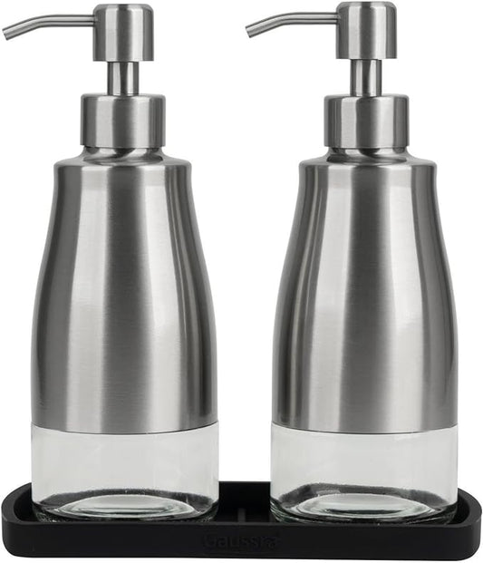 Gaussra Kitchen Soap Dispenser with Silicone Tray & Stickers 11 OZ / 320 ML | Brushed Nickel, Stainless Steel Glass Soap Dispenser Bathroom, Refillable Hand Dish Dispenser for Kitchen Sink