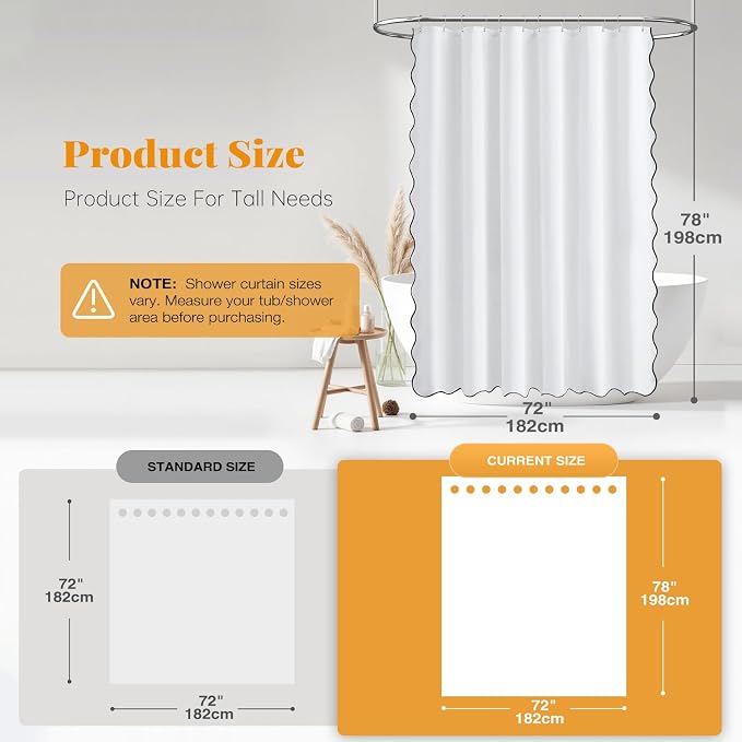 72x78 Boho Scalloped Linen Textured Cloth Shower Curtain Set, White | Long Size, 230GSM Waterproof Polyester, Heavy Duty Fabric, 12 Plastic Hooks, Elegant Modern Farmhouse Style, Machine Washable