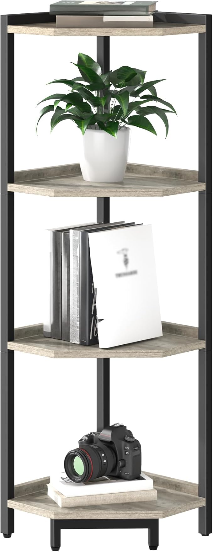 Hzuaneri Corner Shelf Stand 4-Tier Corner Bookshelf Storage Standing Shelf | Bookcase Plant Stand with Metal Frame for Living Room, Home Office, Bedroom, Greige CS05805B