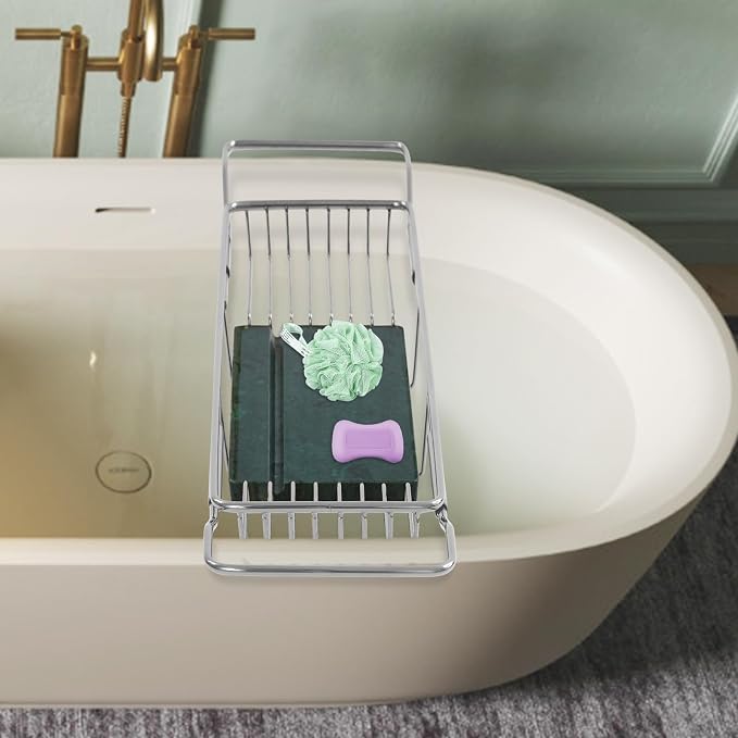 Stainless Steel Bathtub Caddy Tray, Expandable Bath Tub Tray with Natural Marble Tray, Adjustable Bath Tray for Bathroom, Spa 26.8~35.4inch (Silver+Green)