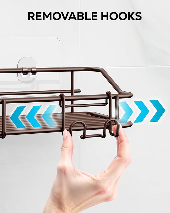 Nieifi Shower Caddy Adhesive, Shower Shelves, Shampoo Holder for Bathroom | Stainless steel, 3 pack, shower rack, shower organization, with hooks, rustproof, no drilling, razor holder, brown