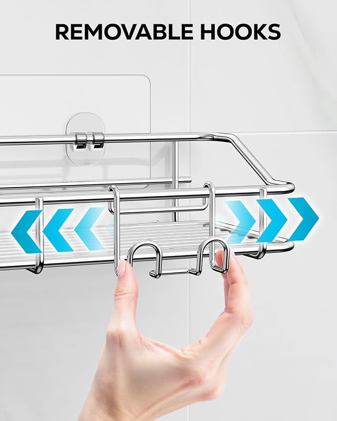 Nieifi Shower Caddy Adhesive, Shower Shelves, Shampoo Holder for Bathroom | Stainless steel, 5 pack, shower rack, shower organization, with hooks, rustproof, no drilling, razor holder, silver