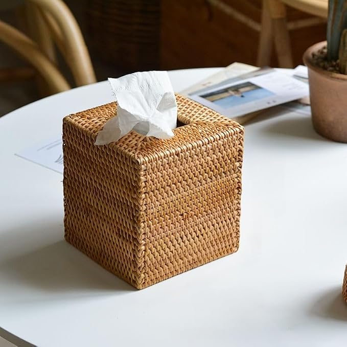 Rattan Tissue Box Cover Square, Wicker Tissue Box Holder, Decorative Woven Facial Tissue Holder for Bathroom, Kitchen, Living Room, Bedroom (Natural)