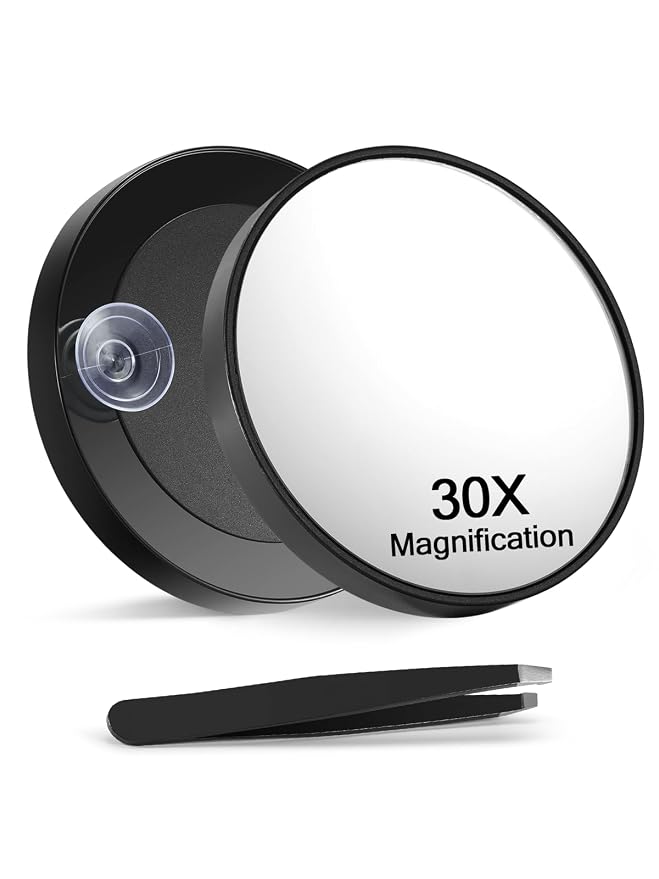 Macaki 30x Magnifying Mirror Suction Cup, Makeup Mirror, 3.5 in, Black | Small Magnifying Mirror, for Home, On the Go or Office, Brows, Contacts, Powerful Suction Cup, Travel Mirror, Tweezers
