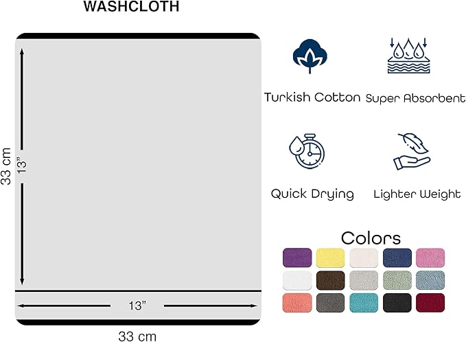 Hawmam Linen Luxury Cotton Washcloths 13x13 Inch - Large Hotel Spa Bathroom Face Towel | 12 Pack | Ice Silver