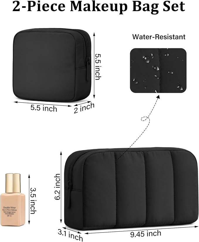 2 Pcs Makeup Bag Travel Toiletry Bag for Women Puffy Padded Cosmetic Pouch Purse Wide-open Makeup Organizer Case Travel Essentials