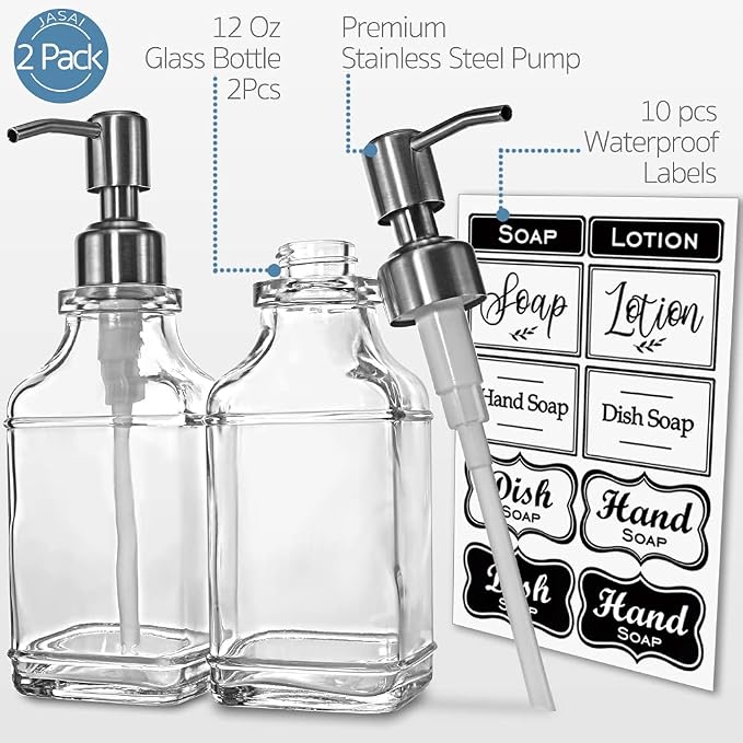 JASAI 2Pack Hand&Dish Glass Soap Dispenser with Rust Proof Pump & Stickers | Kitchen Soap Dispenser with 304 Stainless Steel Pump, Premium Bathroom Soap Dispensers for Dish Soap, Hand Soap，Lotion